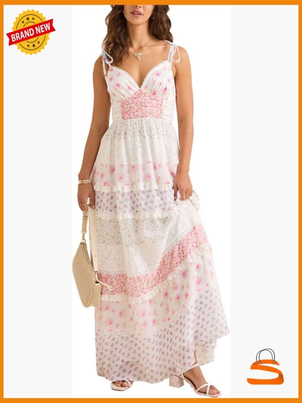 Y2k Boho Maxi Dress Floral Lace Sheer Tiered Flowy Cami Long Sundress